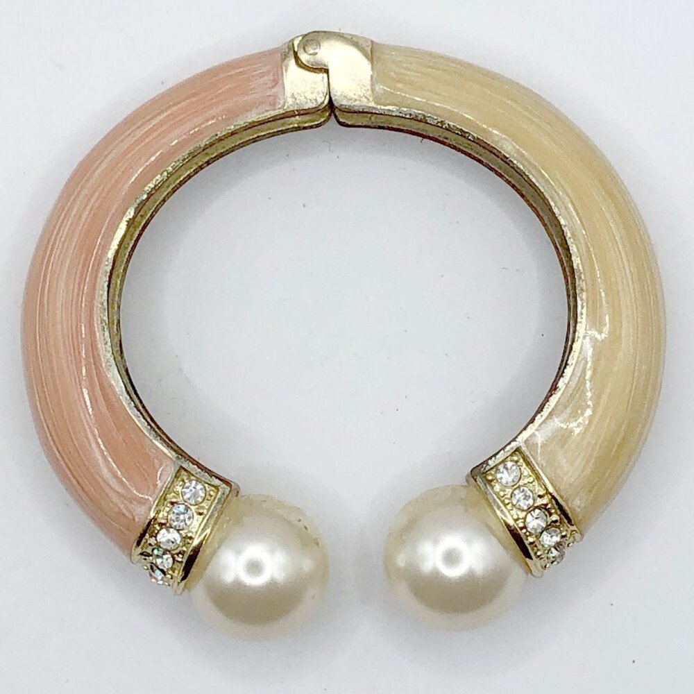 Pink and cream enamel hinged cuff bracelet